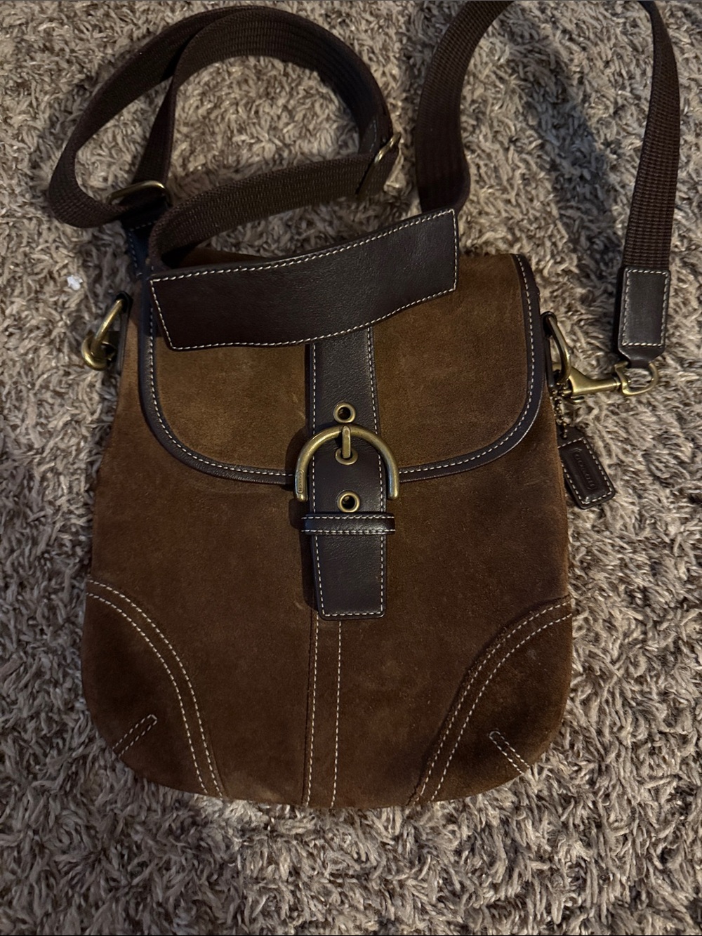 COACH 116 vintage Brown Suede Crossbody Bag with Brass Buckle